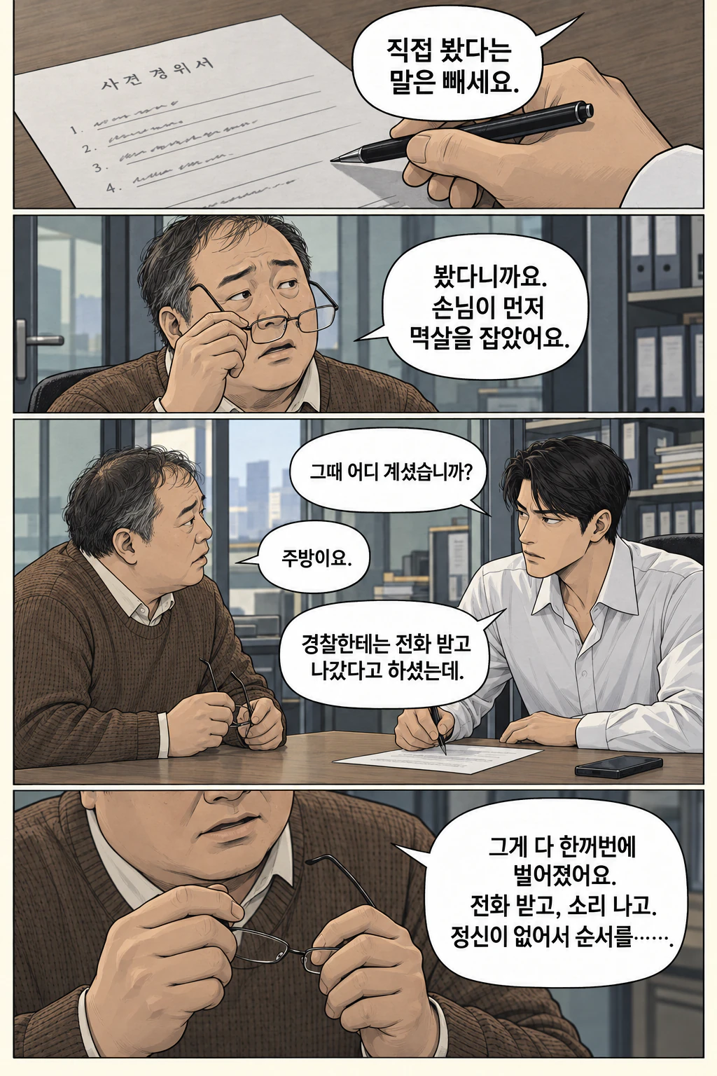 도윤의 펜 끝이 진술서 세 번째 줄에서 멈춘다. 사장이 안경을 벗고 도윤을 바라본다. 도윤이 같은 자세로 질문하고 사장은 짧게 답한다. 사장이 안경다리를 접었다 편다.