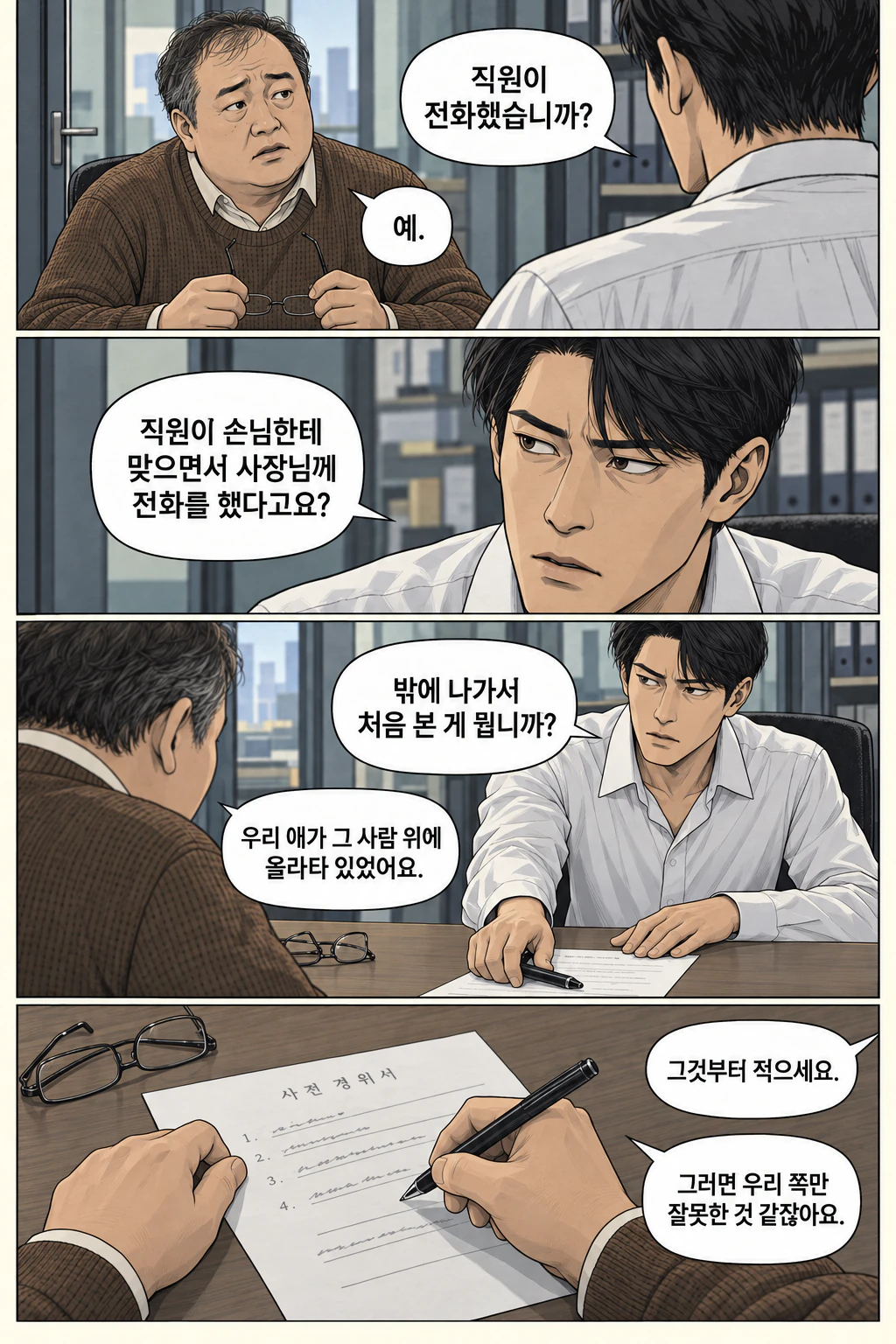 도윤이 재차 확인하자 사장이 짧게 답한다. 도윤의 시선이 사장에게 고정된다. 도윤이 진술서를 돌려준다. 사장은 종이를 내려다본다. 펜이 종이 위에서 망설인다.