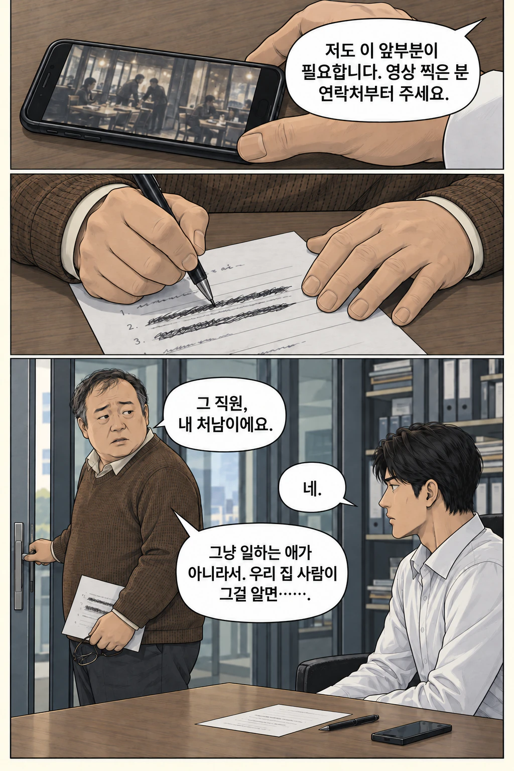 도윤이 멈춰 있는 영상을 사장 쪽으로 밀어준다. 펜이 진술서의 두 줄을 여러 번 지운 흔적이 남는다. 나가던 사장이 돌아선다. 도윤은 책상에 남아 있다.