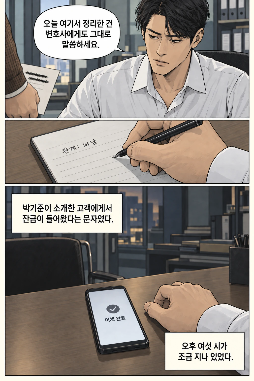 그는 사장의 손에 든 진술서를 본다. 도윤이 가족 관계를 기록한다. 입금 알림을 확인한 도윤이 임대료 이체 화면으로 넘어간다.