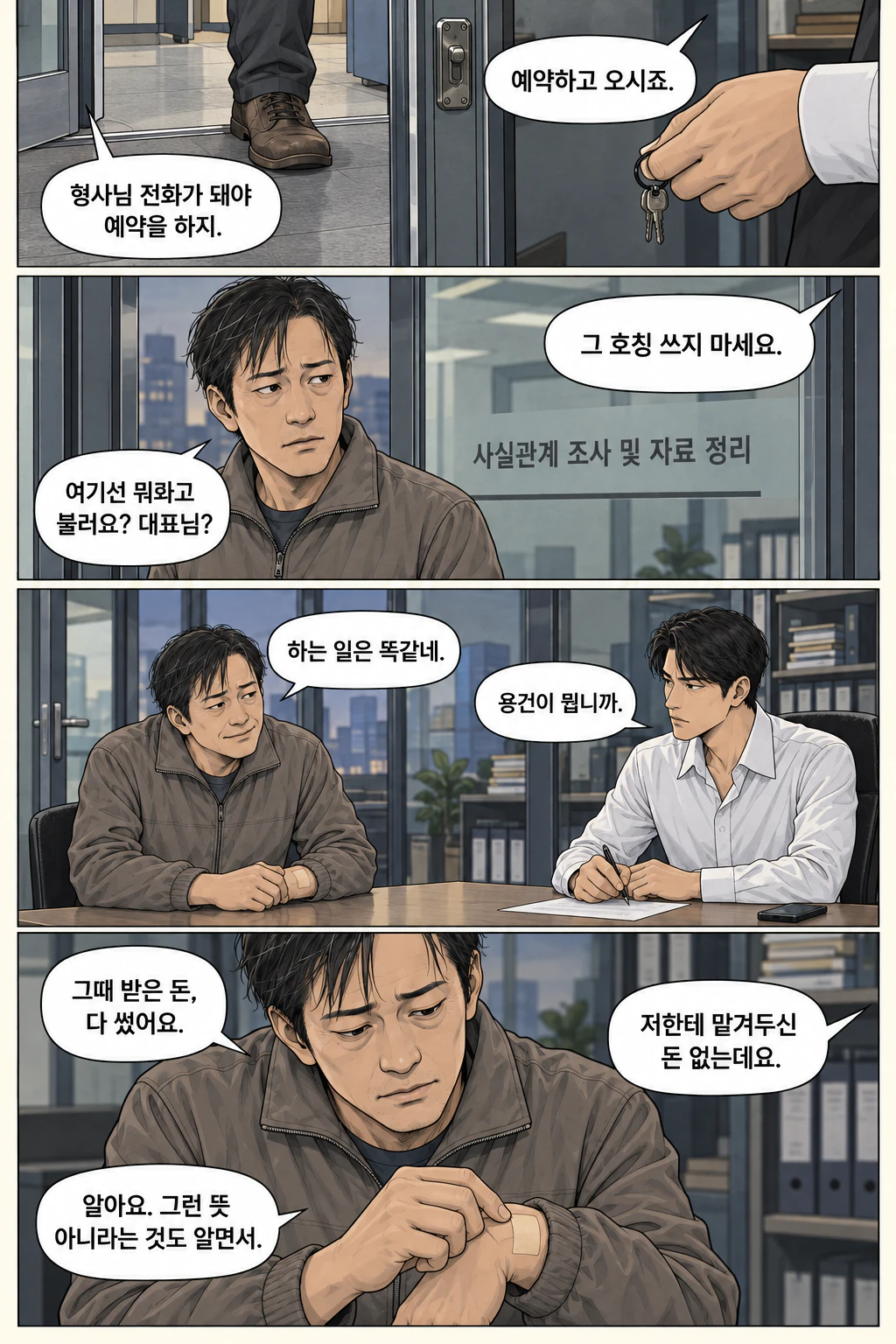 도윤의 열쇠 든 손 앞을 재문의 구두가 지나간다. 재문이 유리문 문구와 사무실을 훑어본다. 재문이 맞은편 의자에 앉는다. 재문이 왼손목의 파스 가장자리를 누른다.