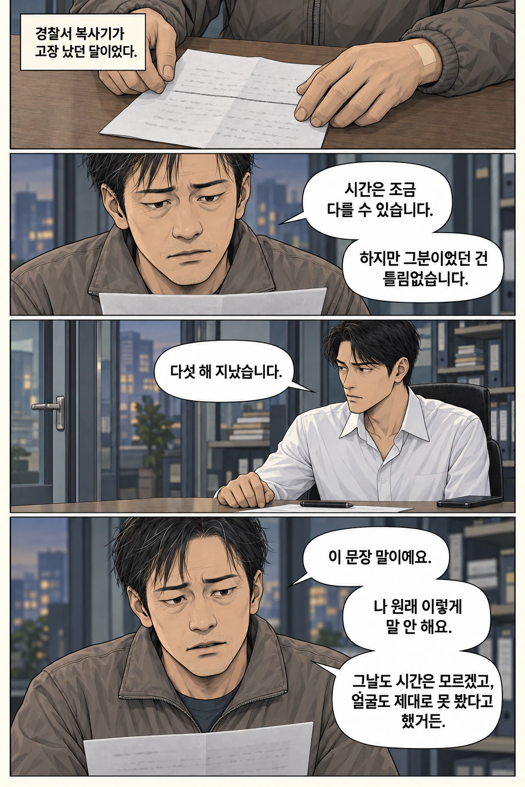 재문이 접힌 종이를 펼치고 손가락으로 눌러놓는다. 재문이 문장을 읽는다. 도윤은 종이를 가져오지 않는다. 재문이 평소 말투로 돌아와 따진다.