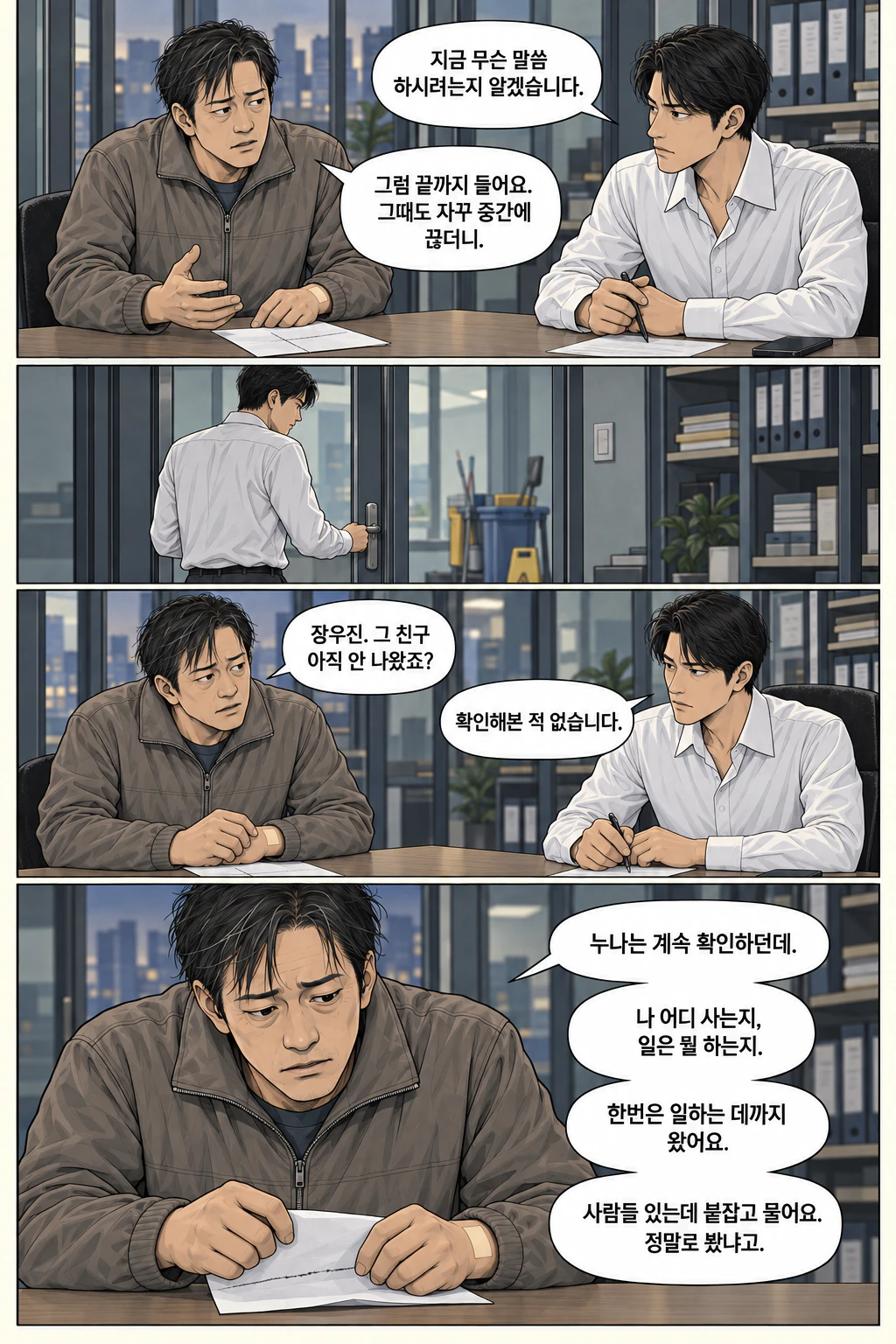 도윤이 말을 끊자 재문이 곧바로 되받는다. 복도를 지나가는 청소 카트가 작게 보이고 도윤이 출입문을 닫는다. 재문은 도윤이 문을 닫는 모습을 본 뒤 질문한다. 재문이 자신의 일터까지 찾아온 누나 이야기를 한다.