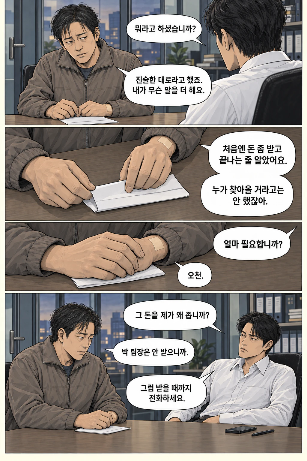 재문이 시선을 잠깐 피한다. 재문이 읽히지 않은 사본을 접고 접힌 선을 손톱으로 누른다. 도윤이 금액을 묻는 순간 손이 멎는다. 도윤이 거리를 벌린다.