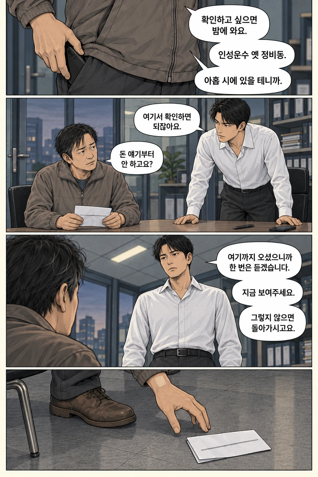 재문이 화면을 가린 휴대전화를 다시 주머니에 넣는다. 도윤이 의자에서 일어서려 한다. 도윤이 선 채 대화를 끝내려 한다. 의자에서 일어난 재문이 종이를 놓쳐 손끝이 빗나간 순간.