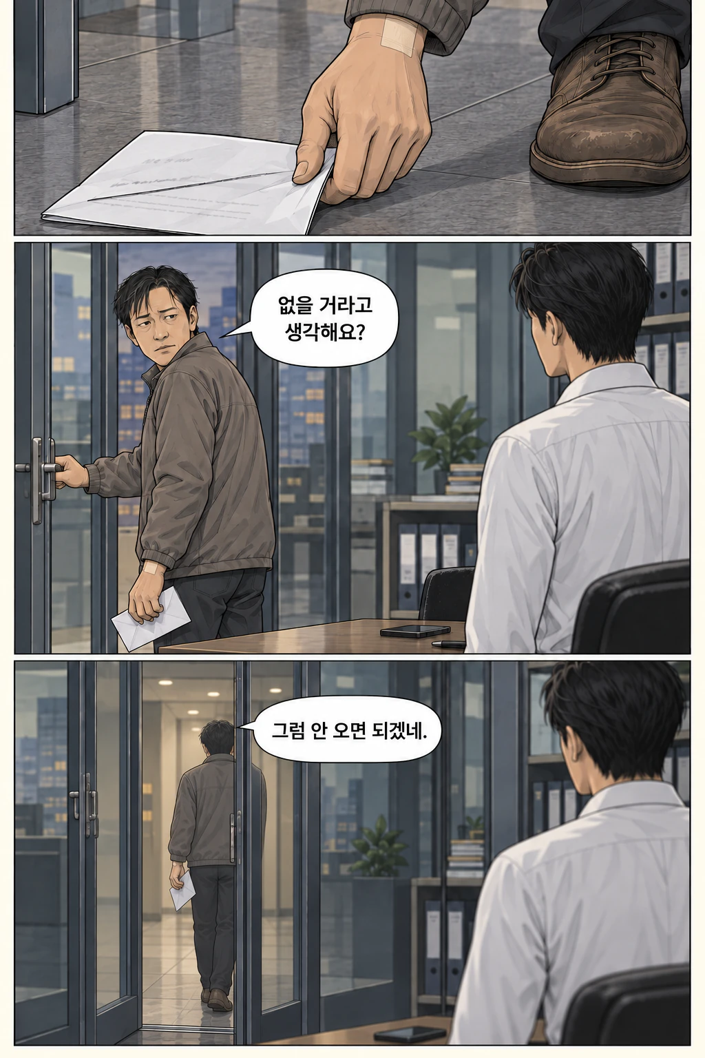 두 번째 시도에 접힌 사본을 집는다. 나가던 재문이 고개만 돌린다. 재문이 문을 닫으며 나간다.