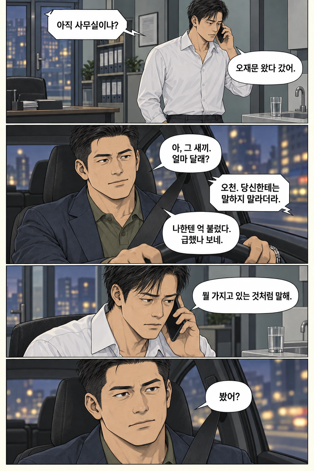 물컵을 내려놓은 도윤이 기준에게 전화한다. 일상적인 표정으로 대답하는 기준. 도윤의 말은 전화 말풍선이다. 도윤이 휴대전화를 쥔 채 책상 쪽을 본다. 방향지시등 소리가 끊기고 기준의 주의가 통화로 모인다.