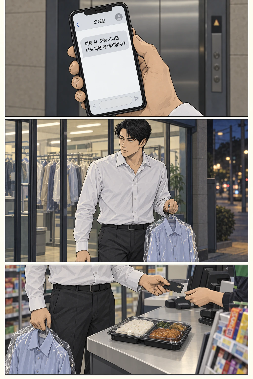 재문의 문자가 도착한다. 답장 입력칸은 비어 있다. 도윤이 맡겨둔 셔츠를 받아 나온다. 도윤이 도시락을 산다. 손에 세탁소 셔츠가 보인다.