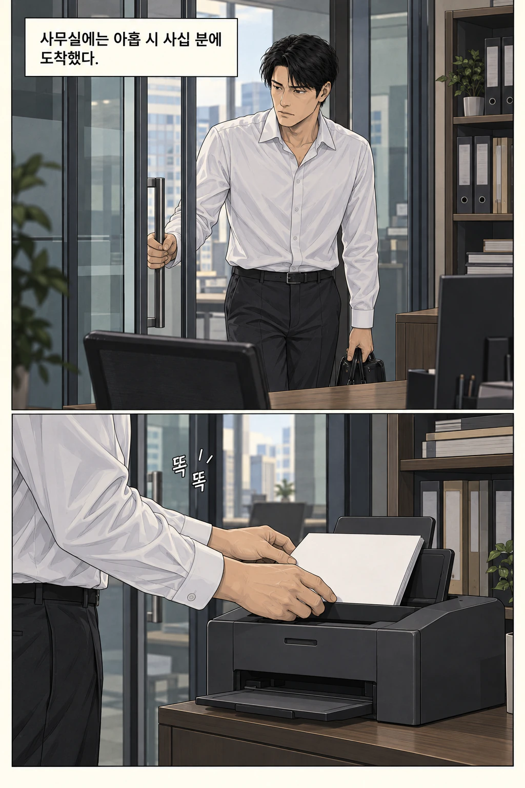 흰 셔츠 차림의 도윤이 문을 연다. 도윤이 용지를 넣는다. 출입문 쪽에서 노크가 들린다.