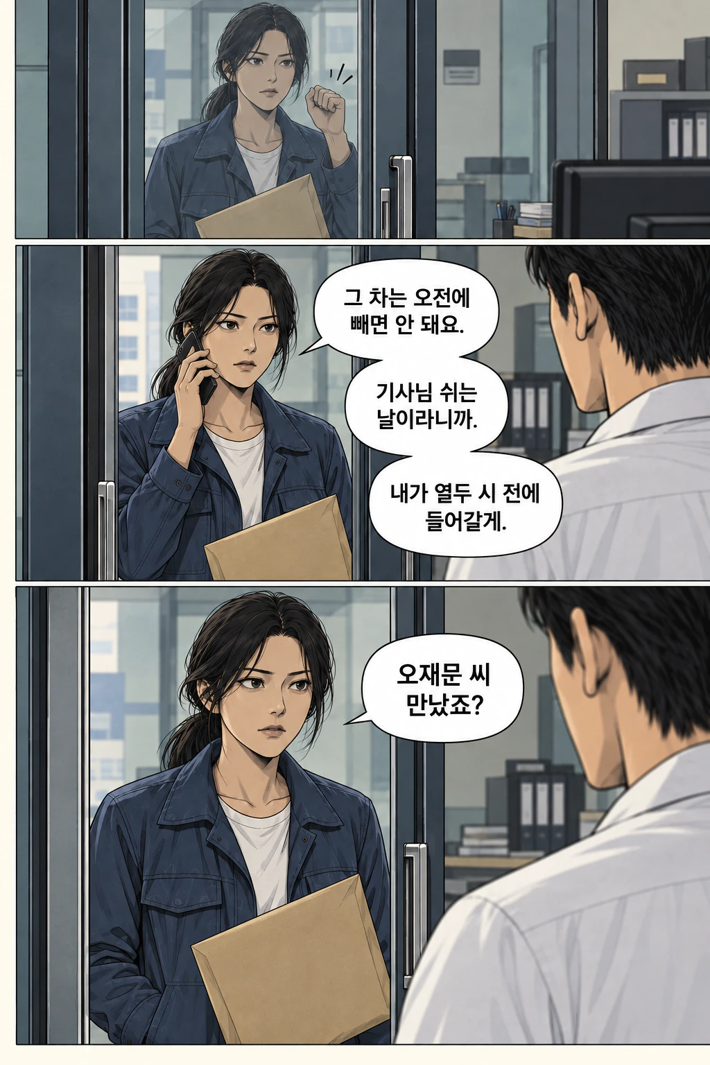 해원이 유리문을 두드리고 다른 손으로 봉투를 들고 있다. 해원이 휴대전화 통화를 마친다. 통화를 끝낸 해원이 눈을 맞춘다.