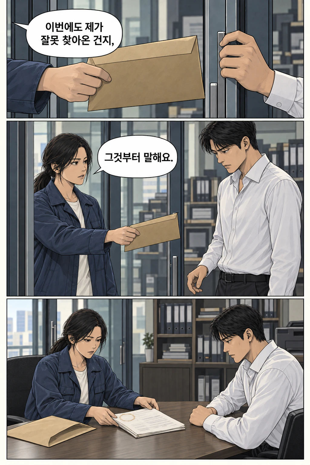 해원이 닫히기 전 문틈으로 봉투를 내민다. 도윤이 봉투를 내려다보며 문에서 손을 뗀다. 해원이 의자에 앉아 봉투를 열고 종이 뭉치를 내려놓는다.