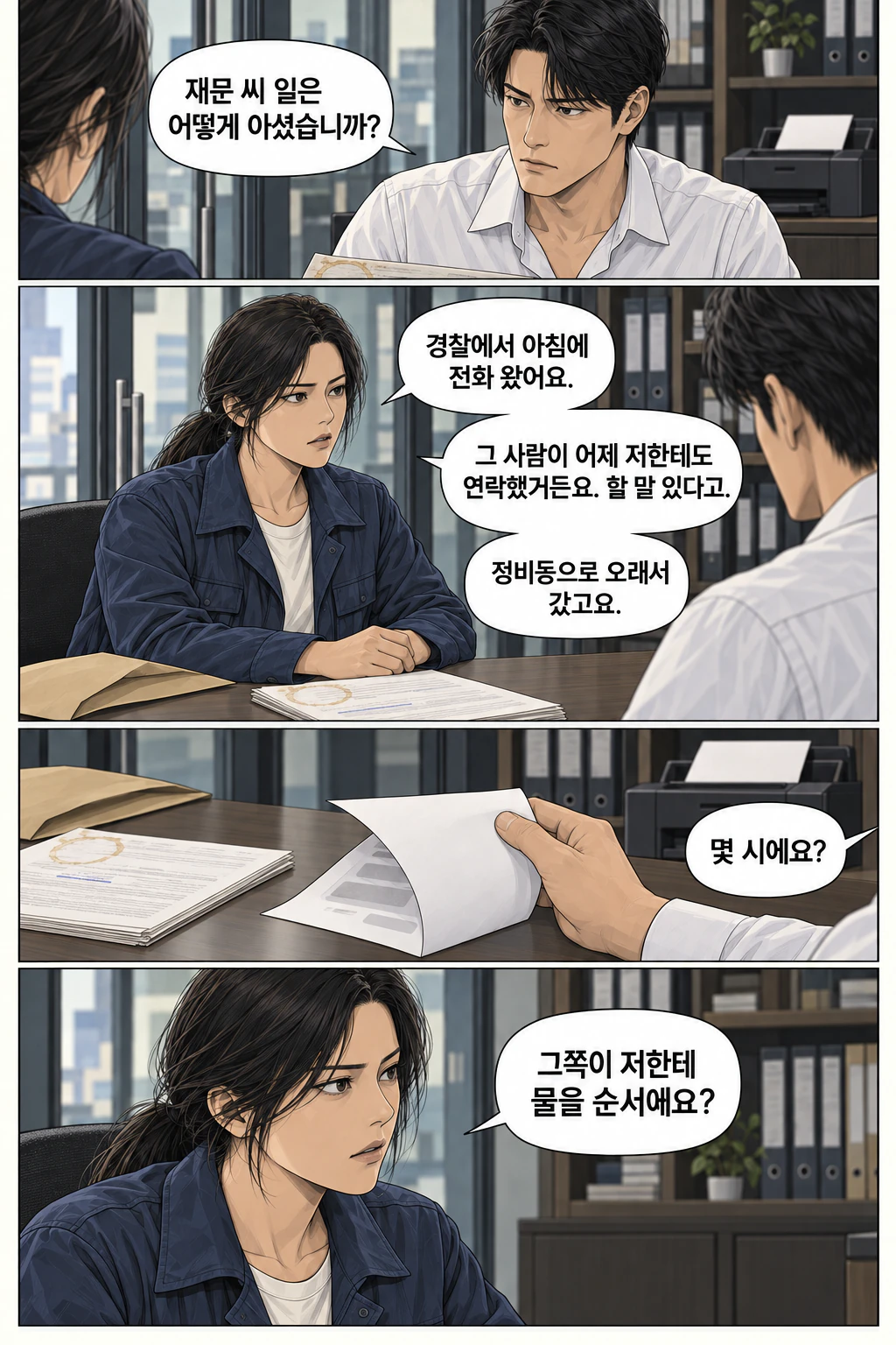 도윤이 현재 사건부터 묻는다. 해원이 경찰 연락과 재문의 약속을 설명한다. 그가 재문의 문자가 인쇄된 종이를 뒤집는다. 해원이 질문 순서를 거부한다.