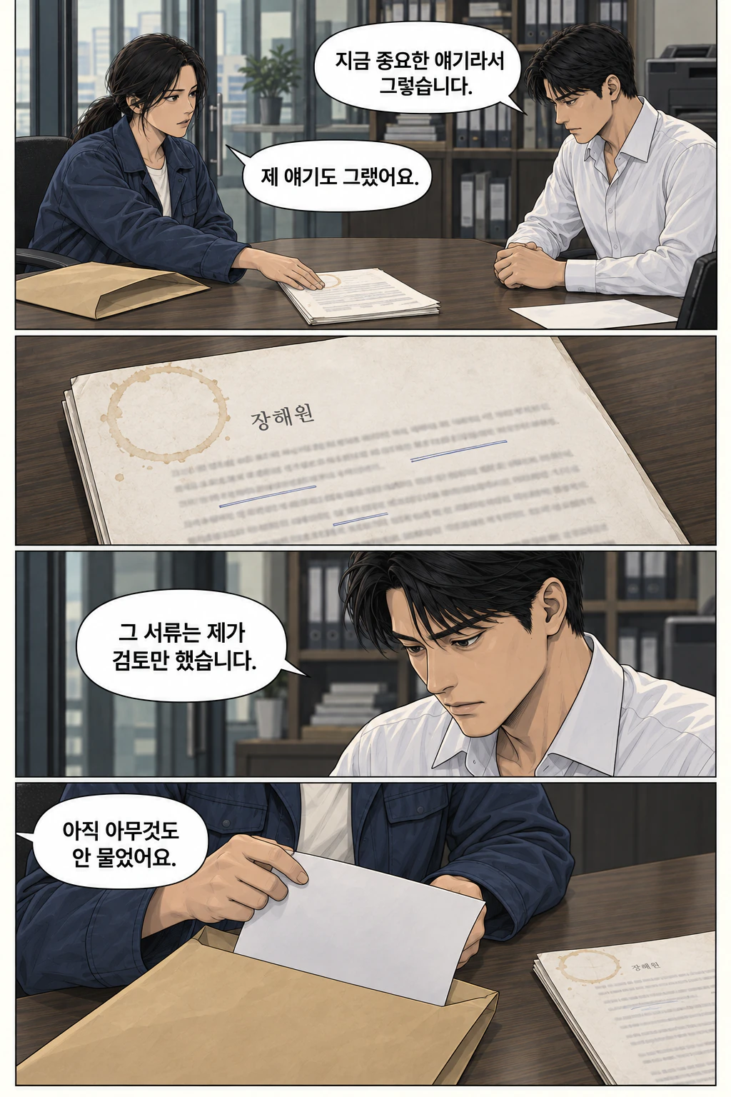 도윤이 말을 잇고 해원이 진정서를 밀어준다. 제출인 이름과 파란 펜의 짧은 검토 표시가 보인다. 그가 질문받기 전에 자기 역할을 축소한다. 그녀가 다른 종이를 꺼낸다.