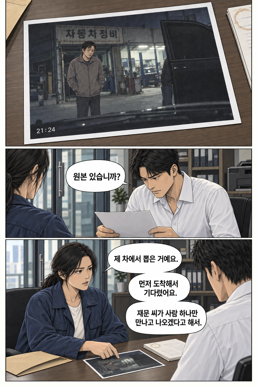 정비동 앞 살아 있는 재문과 자동차 문에 가려진 상대가 보인다. 그가 처음으로 자료 쪽으로 몸을 적극적으로 기울인다. 해원이 영상의 취득 경로를 말한다.