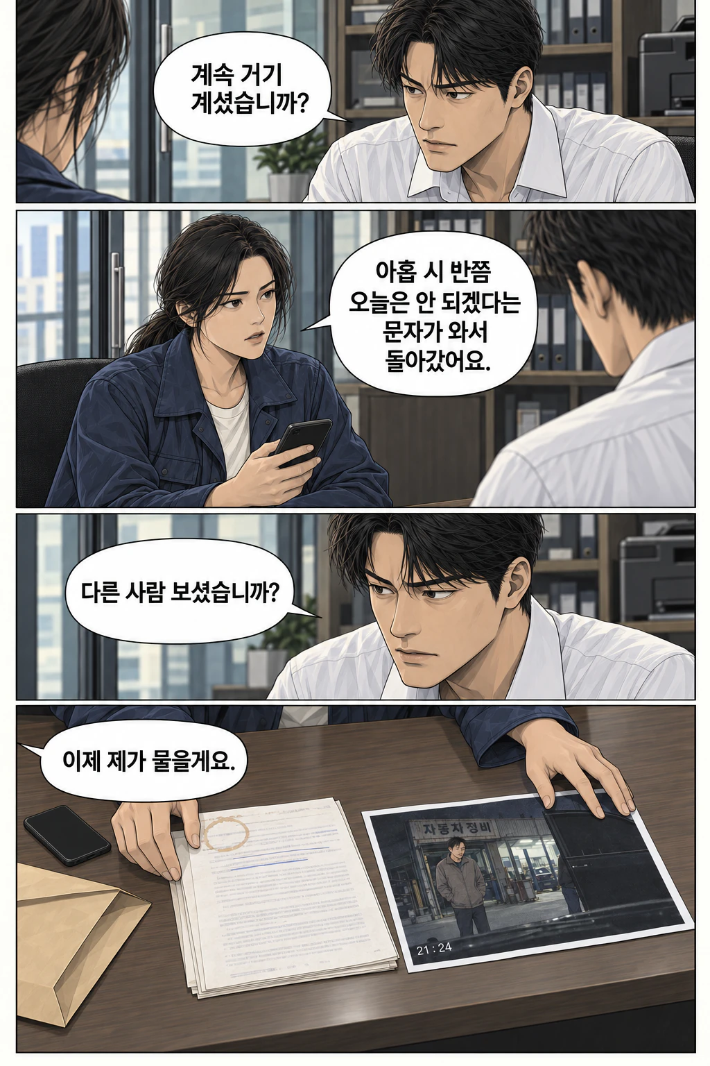 그가 체류 여부를 확인한다. 그녀가 약속 취소 문자가 왔음을 말한다. 도윤이 다른 사람을 보았는지 묻는다. 해원이 대화의 순서를 돌려놓는다.