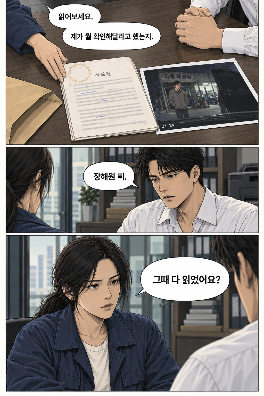 해원이 진정서를 도윤 앞으로 다시 내민다. 그가 해원의 이름을 부른다. 해원은 질문을 피하지 못하게 한다.