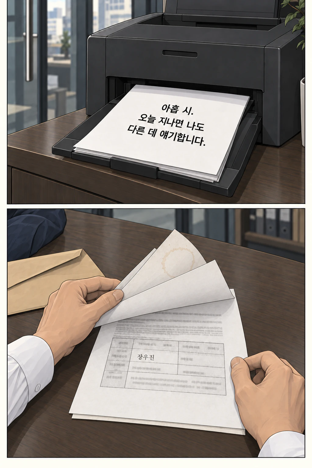 재문의 마지막 문자가 인쇄된 페이지가 보인다. 세 번째 장에 붙은 가족관계증명서 사본이 드러난다.