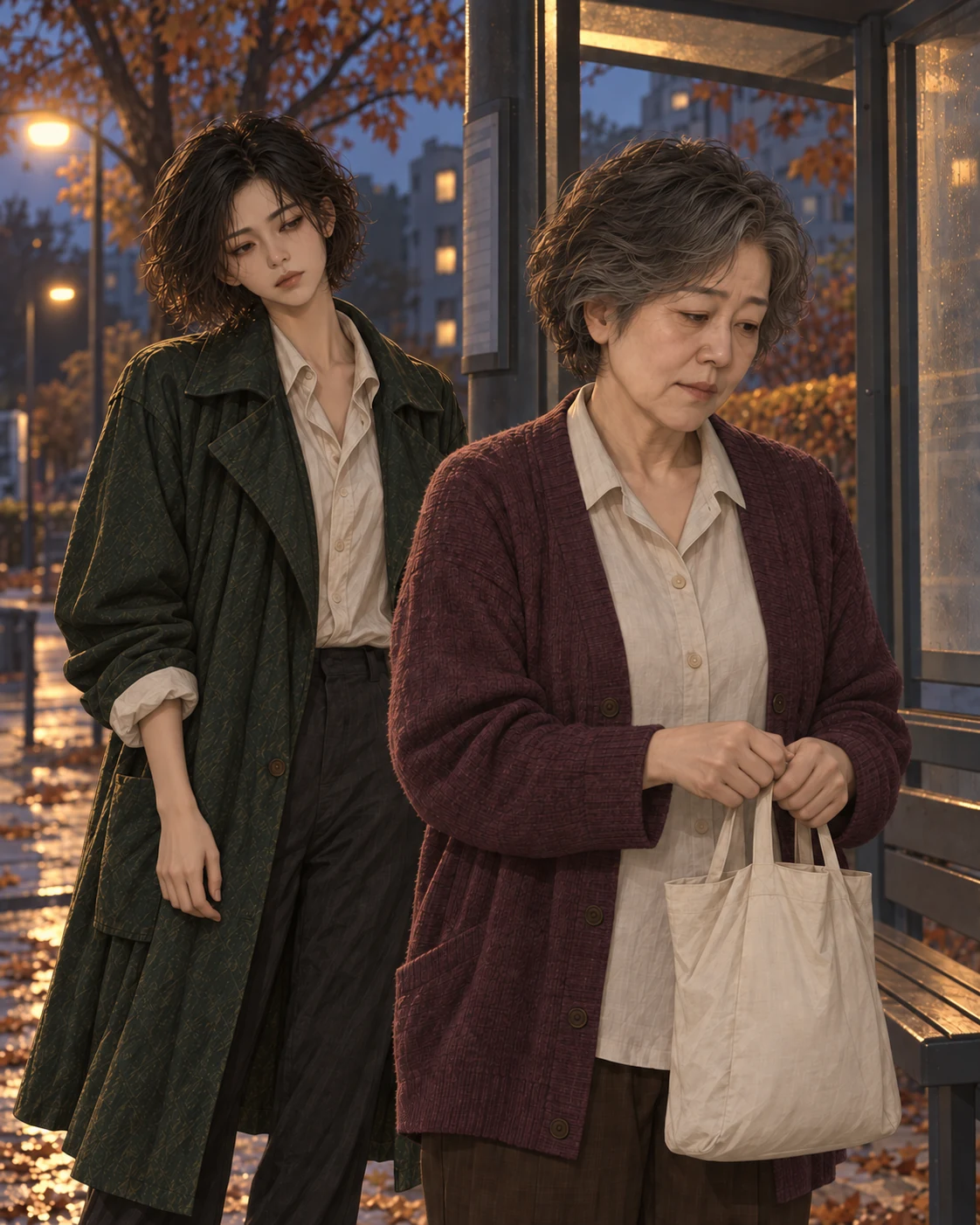 정류장 앞에서 해주가 보온통을 넣은 천 가방을 닫는다. 문자를 확인하고 휴대전화를 돌려준 서린이 옆에서 기다린다.