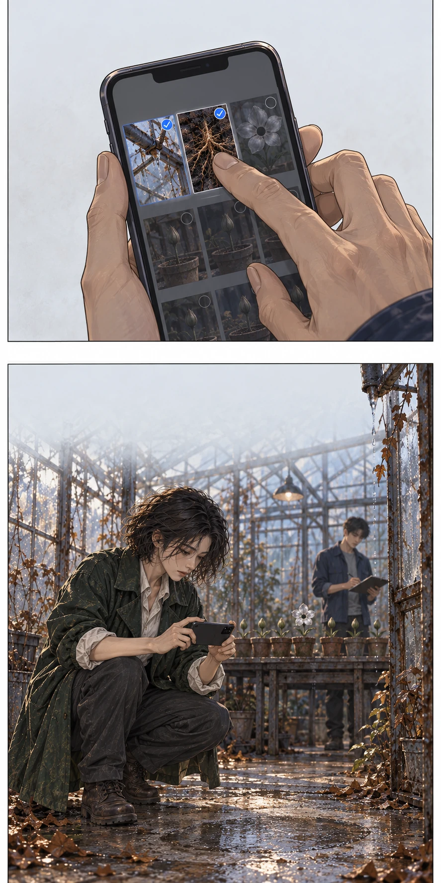 태오가 꽃 사진 대신 지붕과 뿌리 사진을 골라 보낸다. 서린은 양동이가 있던 자국까지 촬영한다.