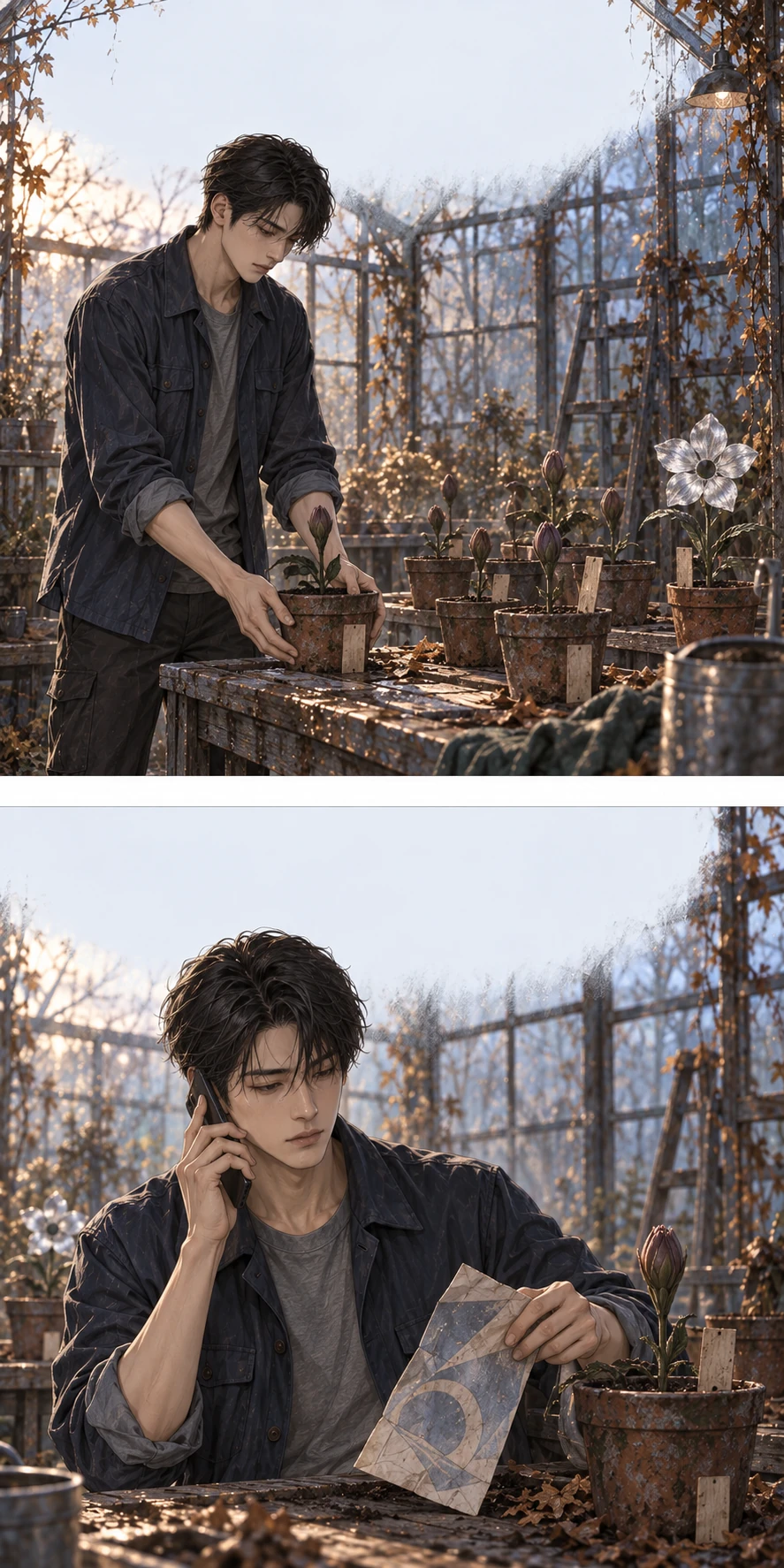 태오가 갈색 봉오리 화분을 제자리로 돌려놓는다. 다음 날 화분을 찾으러 올 사람과 통화하며 낡은 공연 안내지를 확인한다.