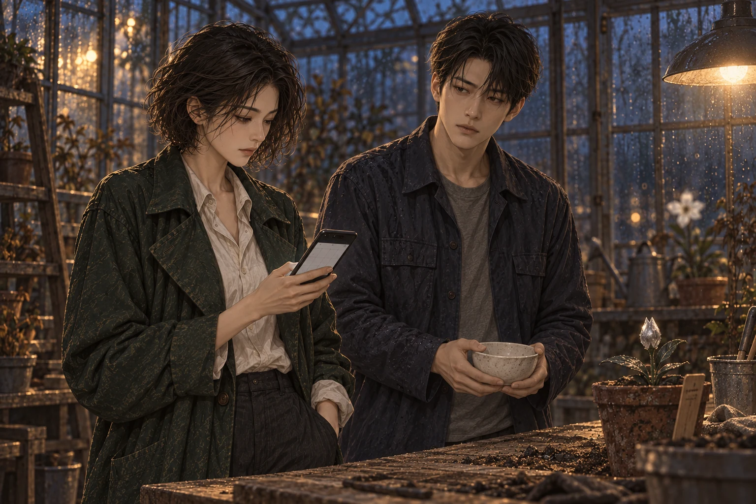 서린이 휴대전화 일정표를 확인하며 태오에게 대답한다. 작업대 안쪽에는 작은 닫힌 봉오리와 뒤집힌 나무 이름표가 놓여 있다.