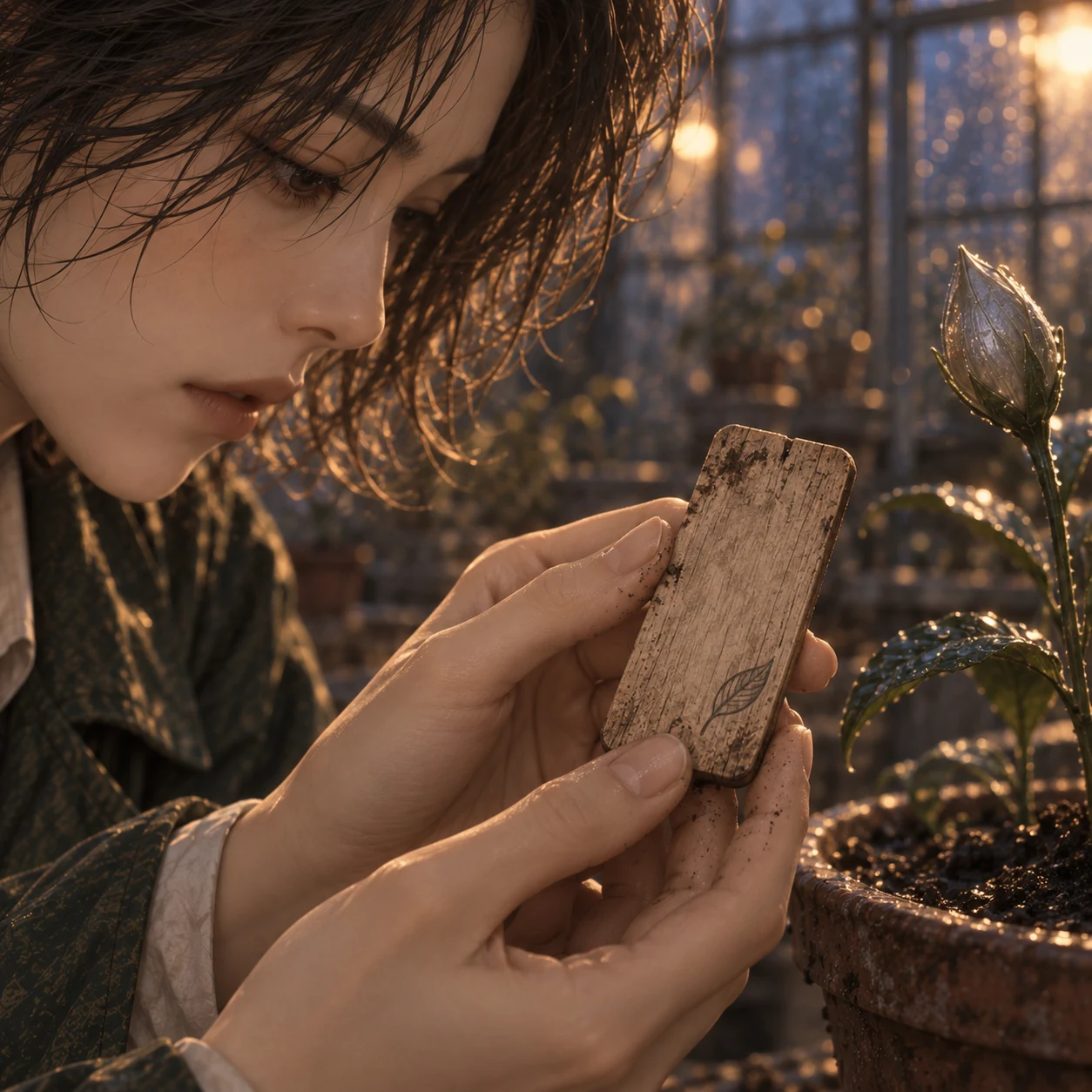 서린의 손끝이 작은 봉오리 아래의 낡은 나무 이름표를 돌린다. 마모된 가장자리와 어린 필체를 연상시키는 연필 끝의 잎 모양 곡선이 클로즈업된다.