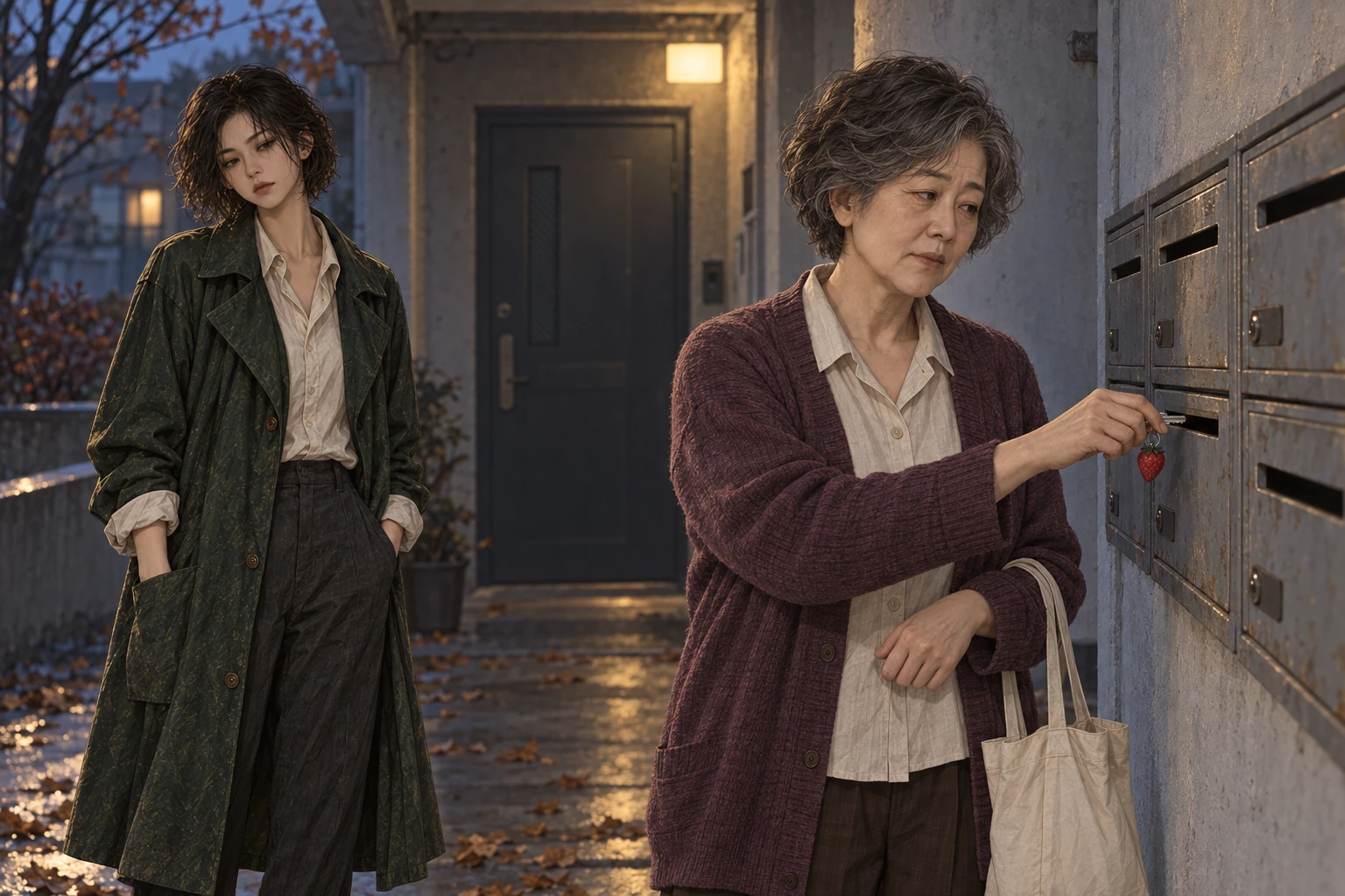 해질녘 빌라 입구. 해주가 우편함에 열쇠를 넣고, 녹색 코트의 서린은 조금 떨어져 조용히 기다리는 1화 장면.